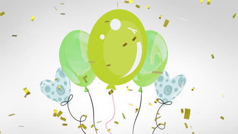 Animation-Von-Goldenem-Konfetti,-Das-über-Grün-Und-Blau-Gemusterte-Partyballons-Auf-Grauem-Hintergrund-Fällt