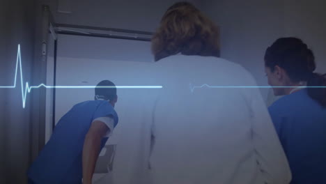 Animation-of-cardiograph-over-caucasian-doctors-running-with-patient-in-hospital-bed