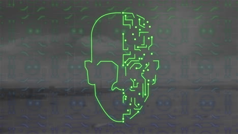 Animation-of-head-silhouette-with-computer-circuit-board-over-landscape
