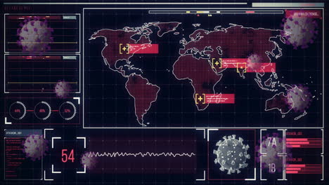 Animation-Von-Viruszellen-Und-Datenverarbeitung-über-Einer-Weltkarte