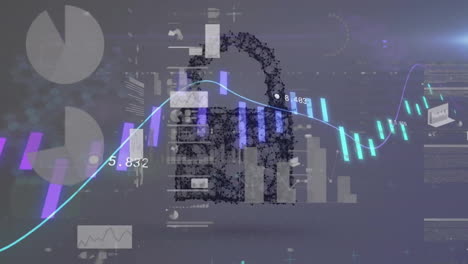 Animation-Der-Verarbeitung-Finanzieller-Daten-über-Einem-Vorhängeschloss-Auf-Dunklem-Hintergrund