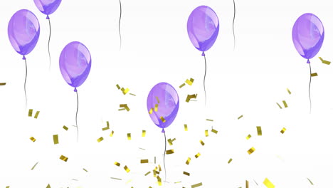 Animation-Von-Goldenem-Konfetti,-Das-über-Violette-Partyballons-Fällt,-Die-Auf-Weißem-Hintergrund-Aufsteigen
