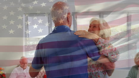 Animation-of-flag-of-usa-over-senior-caucasian-couple-dancing