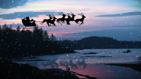 Animation-of-Santa-Claus-and-reindeer-flying-over-landscape