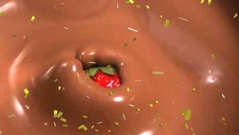 Animation-of-confetti-falling-over-strawberry-in-chocolate