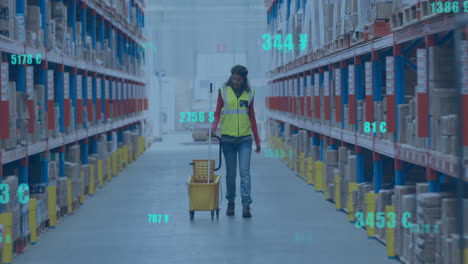 Animation-of-digital-data-processing-over-biracial-woman-working-in-warehouse