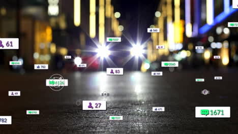 Animation-of-social-media-icons-with-numbers-over-cars-on-street