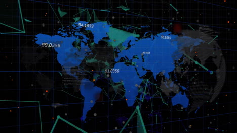 Animation-of-glowing-orange-particles-over-network-processing-data-and-blue-world-map-on-black