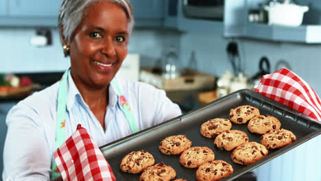 Senior-woman-holding-a-tray-with-homemade-cookies-in-kitchen