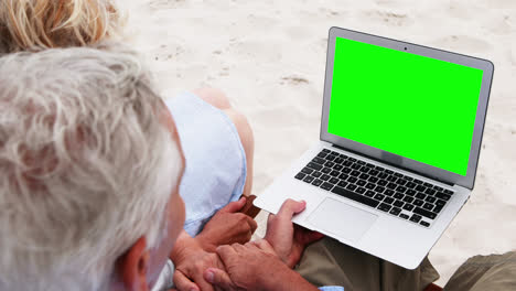 Senior-couple-using-laptop-at-the-beach