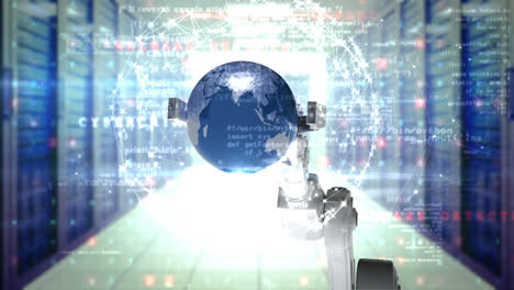 Roboterhand-Präsentiert-Globus-Vor-Serverraum-Hintergrund