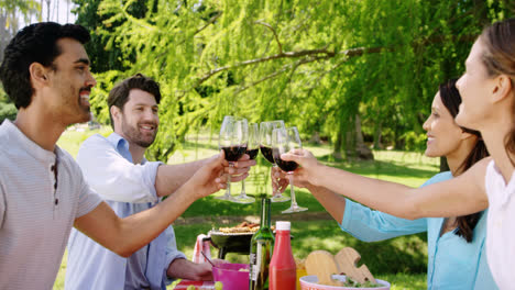Couples-toasting-glasses-of-red-wine-in-the-park