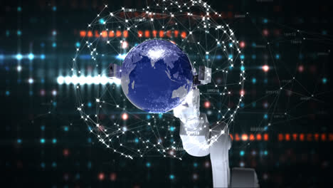 Roboterhand-Präsentiert-Globus-Vor-Binärcode-Hintergrund