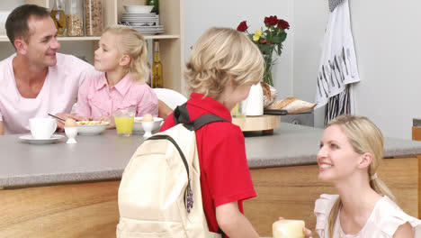 Mother-giving-her-son-the-school-lunch-in-the-kitchen