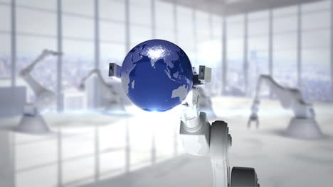 Robotic-hand-presenting-globe-against-office-background