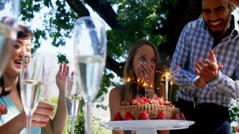 Amigos-Celebrando-El-Cumpleaños-De-Una-Mujer-En-Un-Restaurante-Al-Aire-Libre.