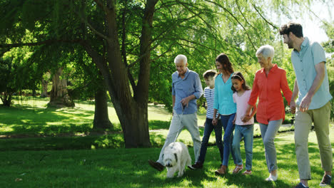 Multi-generation-family-walking-with-their-dog-in-the-park