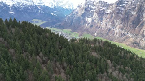 Fronalpstock-Glarus-Schweiz-Luftaufnahme-über-Berg-Waldrand-Vorschau-Dorf-Im-Tal