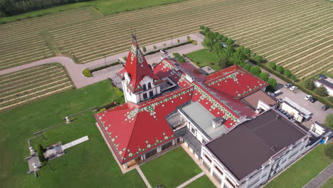 Drone-Shot-of-Traditional-Winery-Building-and-Vineyard-in-Landscape-of-Vojvodina-Serbia