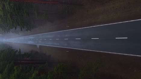 Aerial-vertical-dolly-shot-over-the-asphalt-road-in-the-foggy-forest-with-mist---horror,-dark-scenery-concept