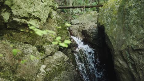 Nature-of-Japan,-Focus-Rack-from-Leafs-to-Waterfall-in-Slow-Motion-4k