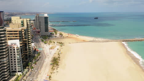 Aerial-view-from-the-sea-to-the-city,-Fortaleza,-Ceara,-Brazil