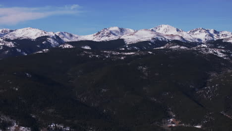 Indian-Peaks-Rocky-Mountains-Eldora-Mountain-Colorado-cinematic-aerial-drone-Boulder-Flat-Irons-Nederland-Front-Range-winter-blue-sky-Central-city-Black-Hawk-forward-pan-up-motion