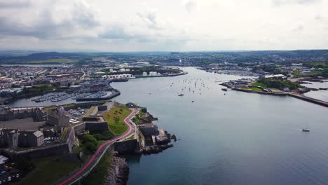 Aerial-wide-shot-overlooking-Plymouth-sunny-day