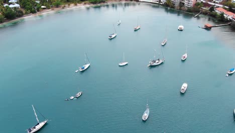 Yachts-anchored-in-tranquil-pickly-bay-marina,-grenada,-with-lush-surroundings,-aerial-view