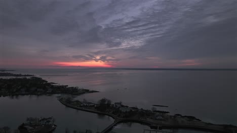 An-aerial-view-over-Five-Islands-Park-in-New-Rochelle,-NY-at-sunrise