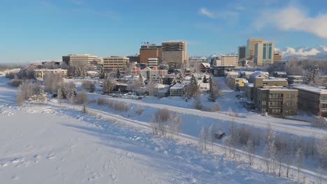 Aerial-panning-view-of-winter-time-in-Anchorage-in-Alaska-on-a-sunny-day