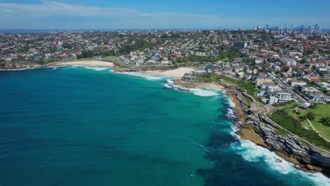 Panoramic-View-Of-Tamarama-And-Bronte-Beach-In-Summer-In-Sydney,-NSW,-Australia---Drone-Shot
