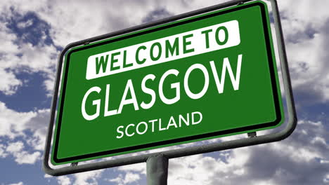 Welcome-to-Glasgow,-Scotland,-UK-City-Road-Sign,-Realistic-3D-Animation
