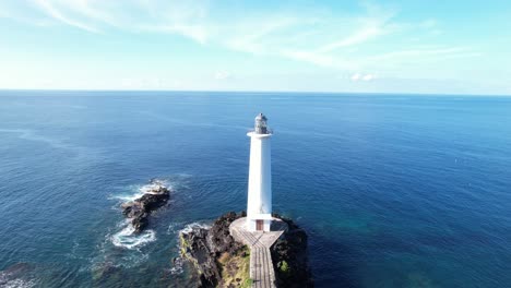 Backward-drone-view-of-white-lighthouse-at-Vieux-Fort,-Guadeloupe