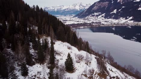 Wonderful-winter-landscape-with-forest-trees-by-lake-in-Zell-am-See,-aerial