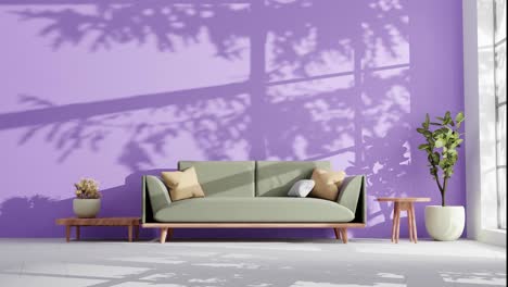 Modernes-Wohnzimmer-In-Einer-Wohnung-Mit-Couch-Und-Schatten-Von-Baumblättern,-Die-Sich-Durch-Eine-Sanfte-Sommerbrise-An-Der-Wand-Bewegen,-Rendering-Animation,-Modernes-Smart-Home-Konzept