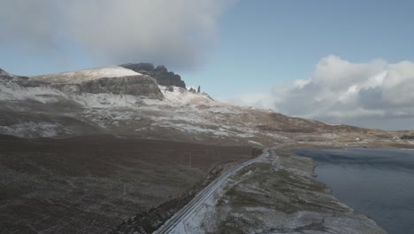 Schneebedeckter-Berg-Mit-Blick-Auf-Bahnstrecke-Und-See,-Klarer-Himmel,-Schottland