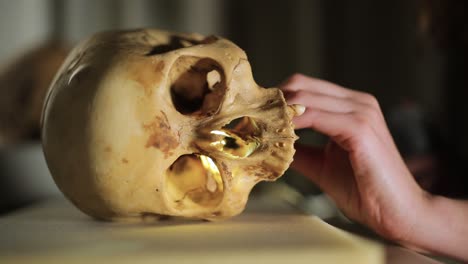 Researcher-Woman-using-an-Endoscope-Camera-to-Inspecting-a-Human-SKull