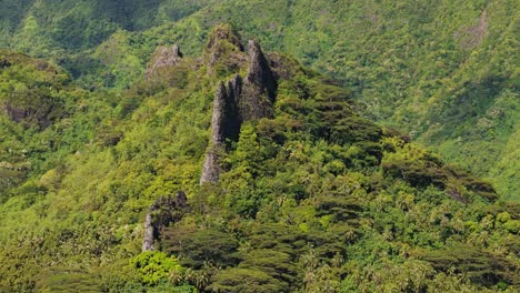 Vuelo-Cinematográfico-De-Drones-Alrededor-De-Una-Gran-Formación-Rocosa-En-La-Isla-De-Moorea-En-La-Polinesia-Francesa