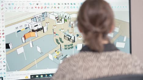 Statische-Aufnahme-Einer-Jungen-Frau,-Die-An-Einem-Großen-Desktop-Bildschirm-Einer-Sketchup-CAD-3D-Modellierung-Eines-Einzelhandelsgeschäftslayouts-In-Einem-Firmenbürogebäude-Arbeitet