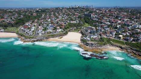 Sydney-Suburbs-With-Bronte-And-Tamarama-Beach-In-NSW,-Australia---Aerial-Drone-Shot
