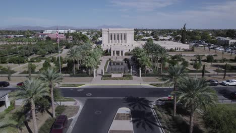 Aerial-View-Of-Latter-Day-Saints-Temple-In-Mesa,-Arizona