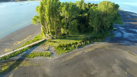 Aerial-perspective-of-the-aucar-island-Chiloe,-Chile,-floating-cemetery,-island-of-the-navigating-souls