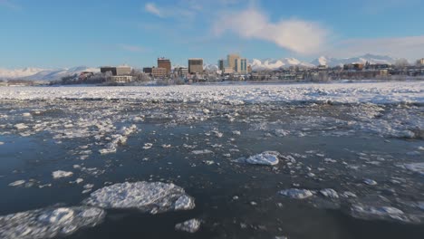 Frozen-waterway-with-Downtown-Anchorage-skylines-in-the-background,-Alaska,-USA
