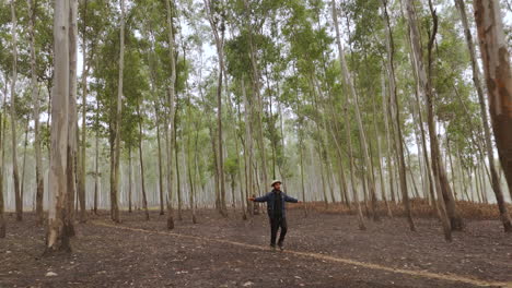 Drohnenschuss-Fängt-Einen-Hübschen-Nepalesischen-Touristen-Ein,-Der-In-Einem-Grünen-Wald-Von-Nepal-Herumstreift,-Tanzt-Und-Die-Kühle-Natur-Genießt