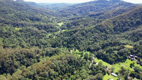 Vista-Panorámica-Sobre-Exuberantes-Bosques-Verdes-En-El-Valle-De-Currumbin,-Gold-Coast,-Queensland,-Australia---Disparo-De-Drones