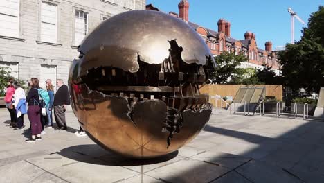 Metallic-bronze-Sphere-sculpture-within-another-sphere-at-Trinity-College-amidst-a-touring-crowd,-Dublin