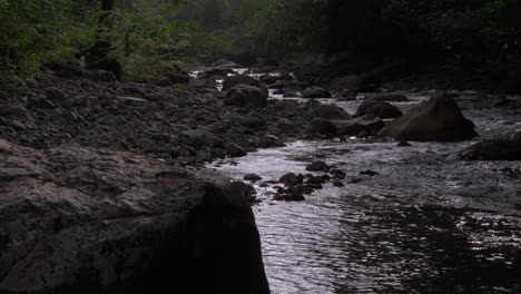 Un-Arroyo-Tranquilo-Fluye-Sobre-Rocas-En-Cajones-De-Chame,-Panamá,-Rodeado-De-Bosque,-Escena-De-Naturaleza-Serena