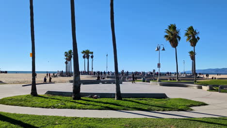 Hermoso-Día-De-Verano-En-La-Playa-De-Venecia-Con-Gente-A-Lo-Lejos-Patinando-Contra-Cielos-Azules-Y-Palmeras.