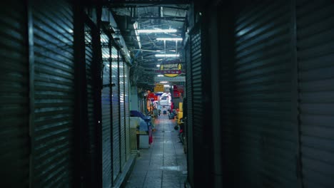 Geschlossene-Geschäfte-In-Fluoreszierend-Beleuchteten-Einkaufsgasse-In-Bangkok